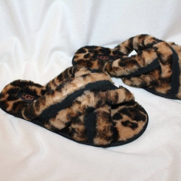 NIB UGG WOMEN'S PANTHER PRINT FUR SLIDE SLIPPER SANDALS BLACK BROWN - Picture 2 of 6